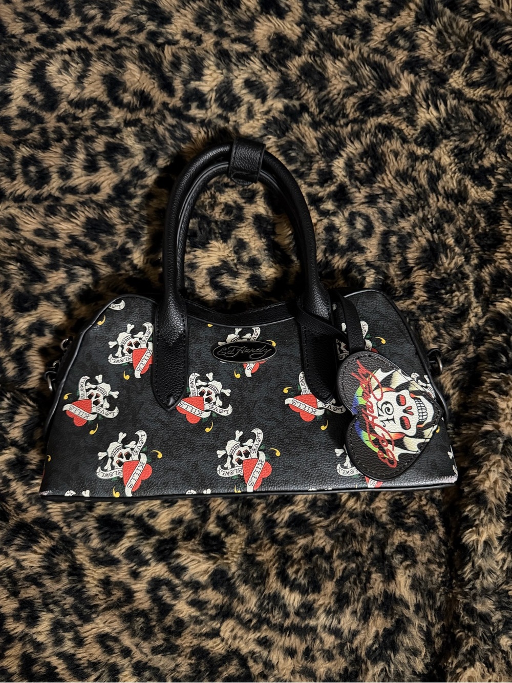 Ed Hardy Y2K Black Satchel with Red and White Skull Motifs